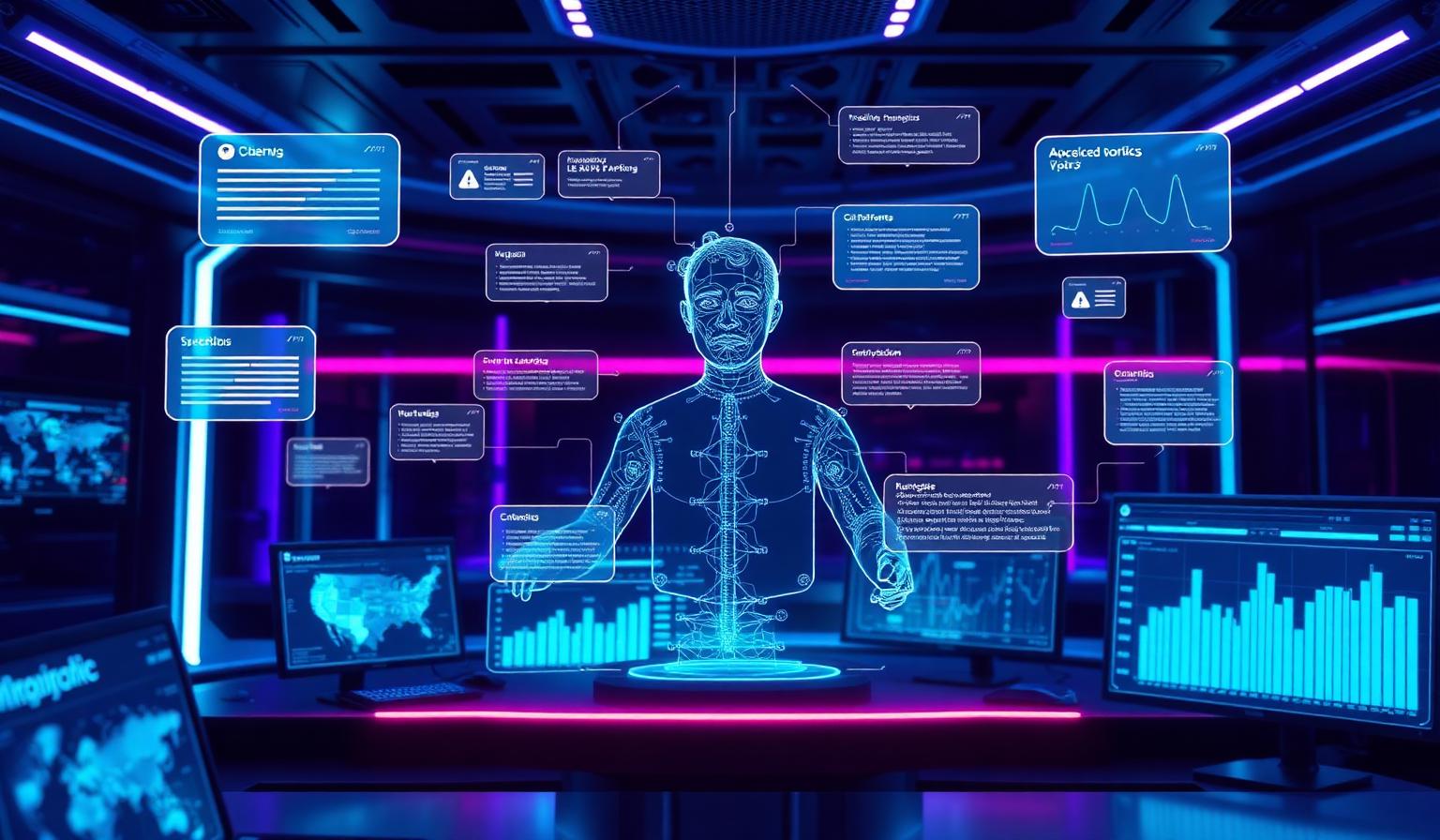 Holographic AI assistant in advanced sales operations center