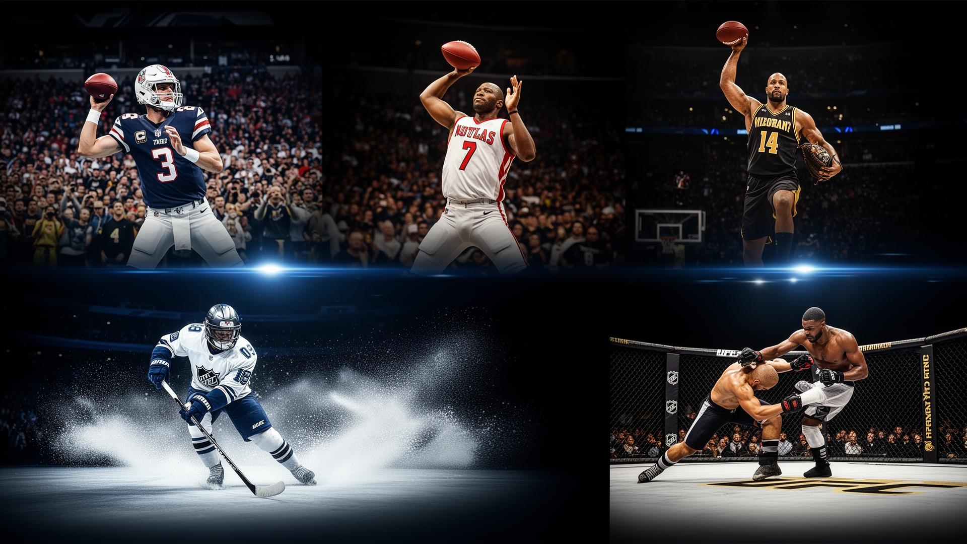 NFL, NBA, MLB, NHL and UFC live action collage