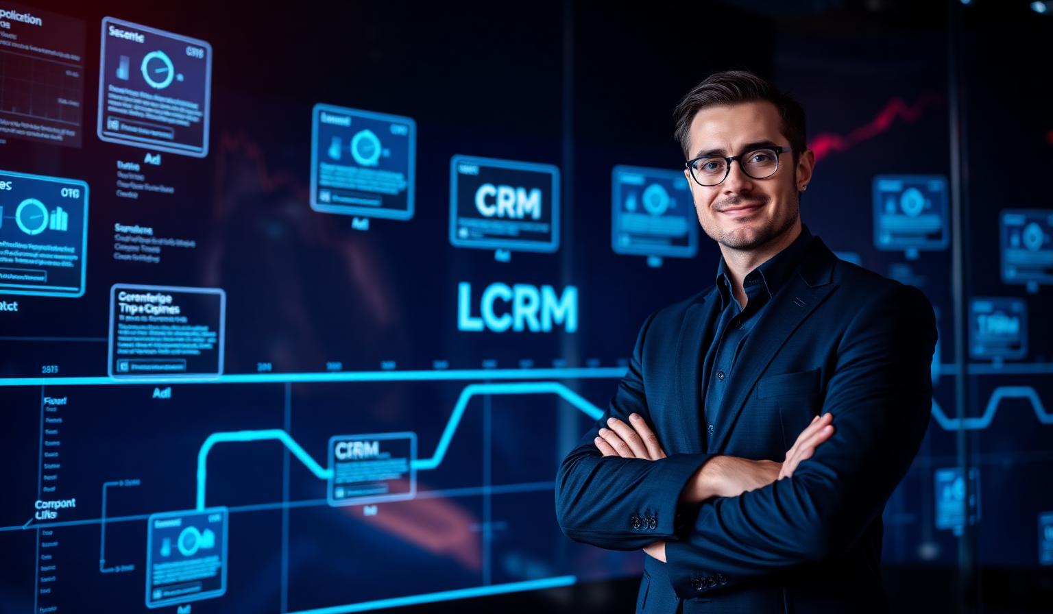 Sales professional managing holographic lead pipeline in CRM war room