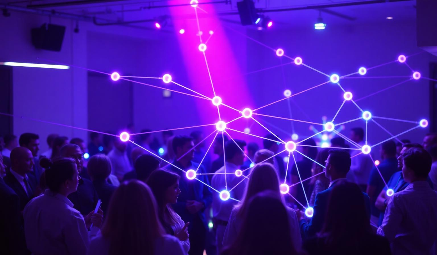 Networking event with glowing referral chains connecting business professionals